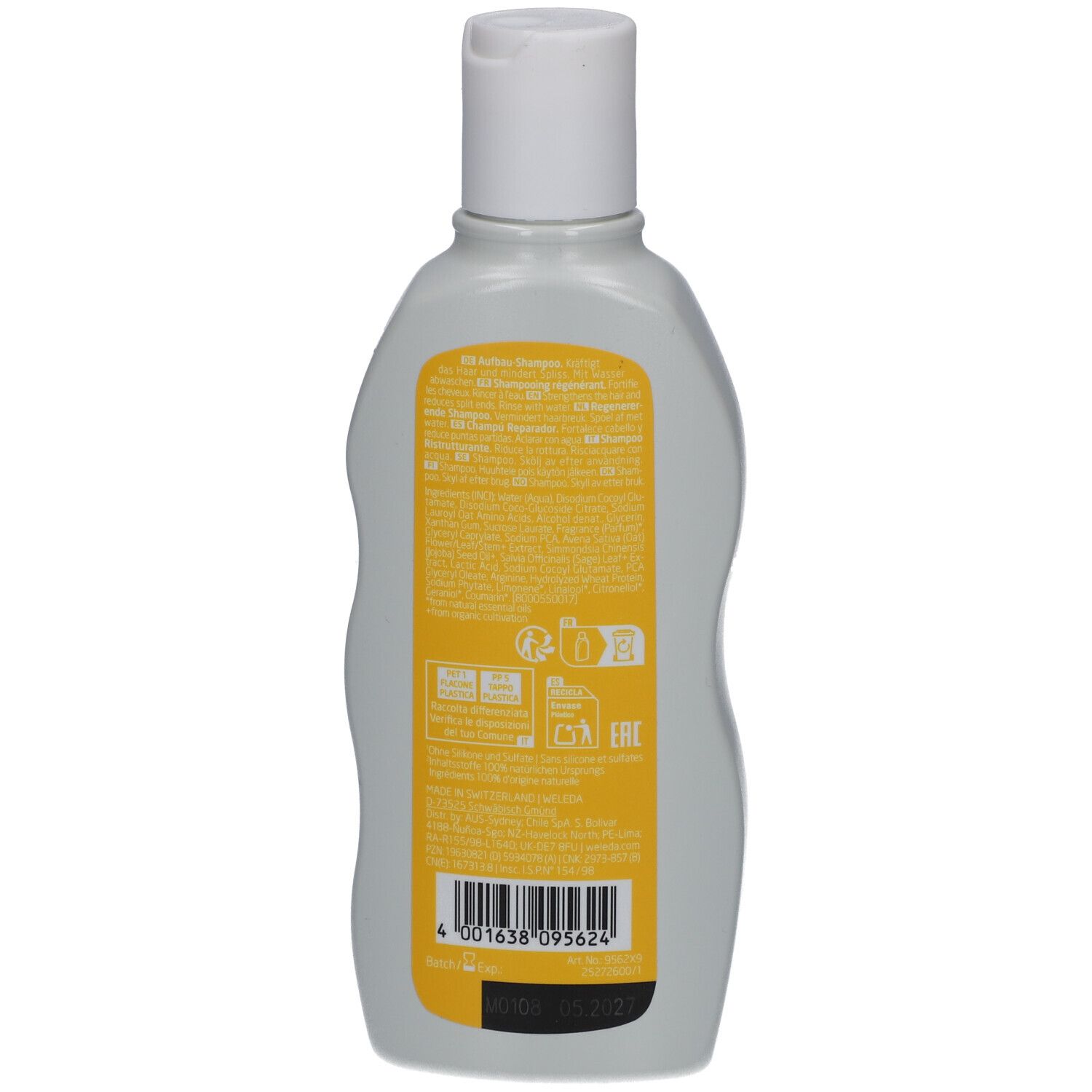 Dos du flacon de Shampooing Régénérant à l'Avoine Weleda. Étiquette jaune avec texte et symboles. Base noire.