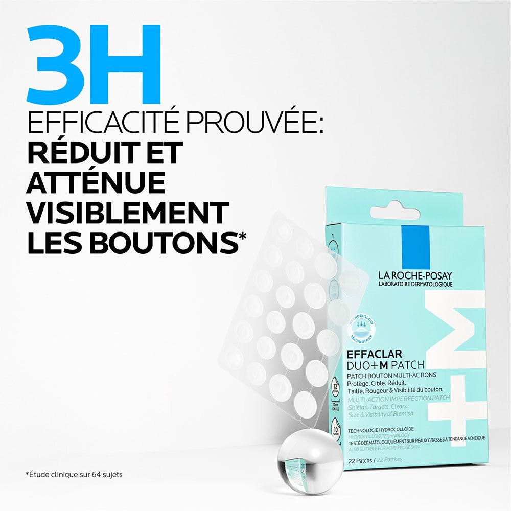 Texte: 3H, Efficacité prouvée: Réduit et atténue visiblement les boutons. Boîte Effaclar Duo+ M Patch.