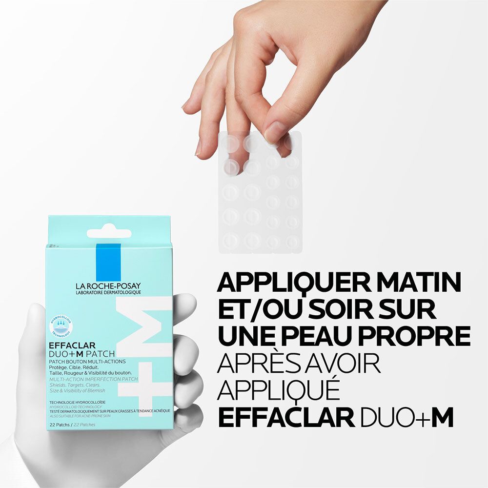 Main tenant boîte Effaclar Duo+ M Patch. Autre main prend un patch. Texte: Appliquer matin/soir.