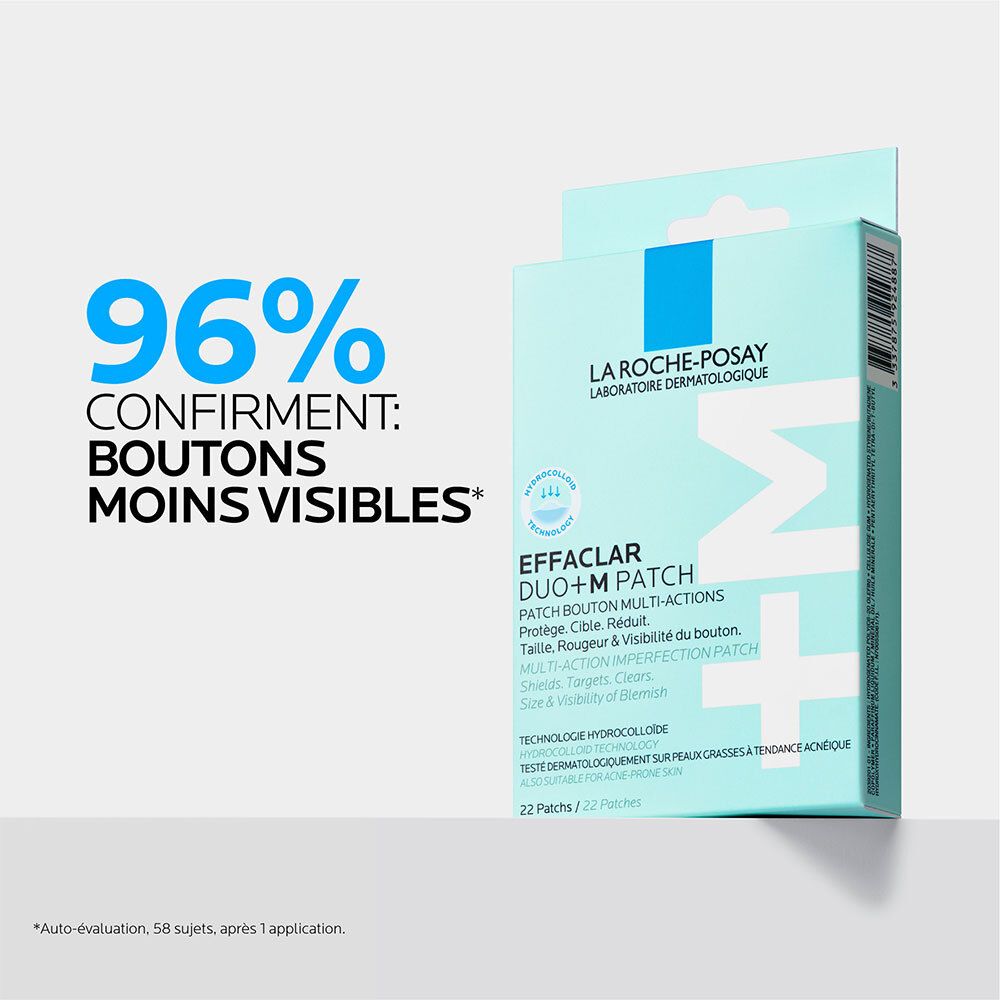 Boîte Effaclar Duo+ M Patch. Texte: 96% confirment: Boutons moins visibles. Testé dermatologiquement.