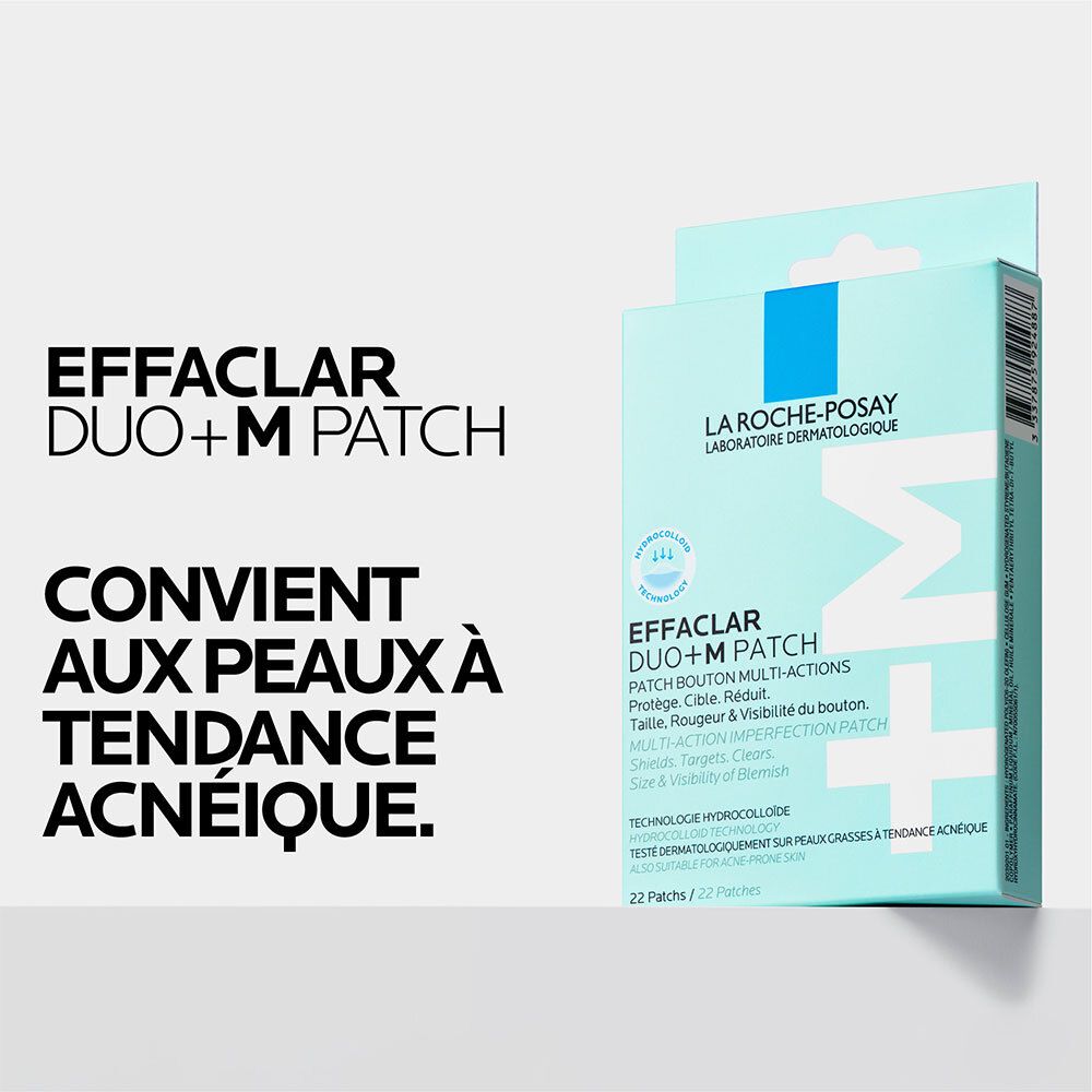 Boîte Effaclar Duo+ M Patch. Texte: Convient aux peaux à tendance acnéique. Testé dermatologiquement.