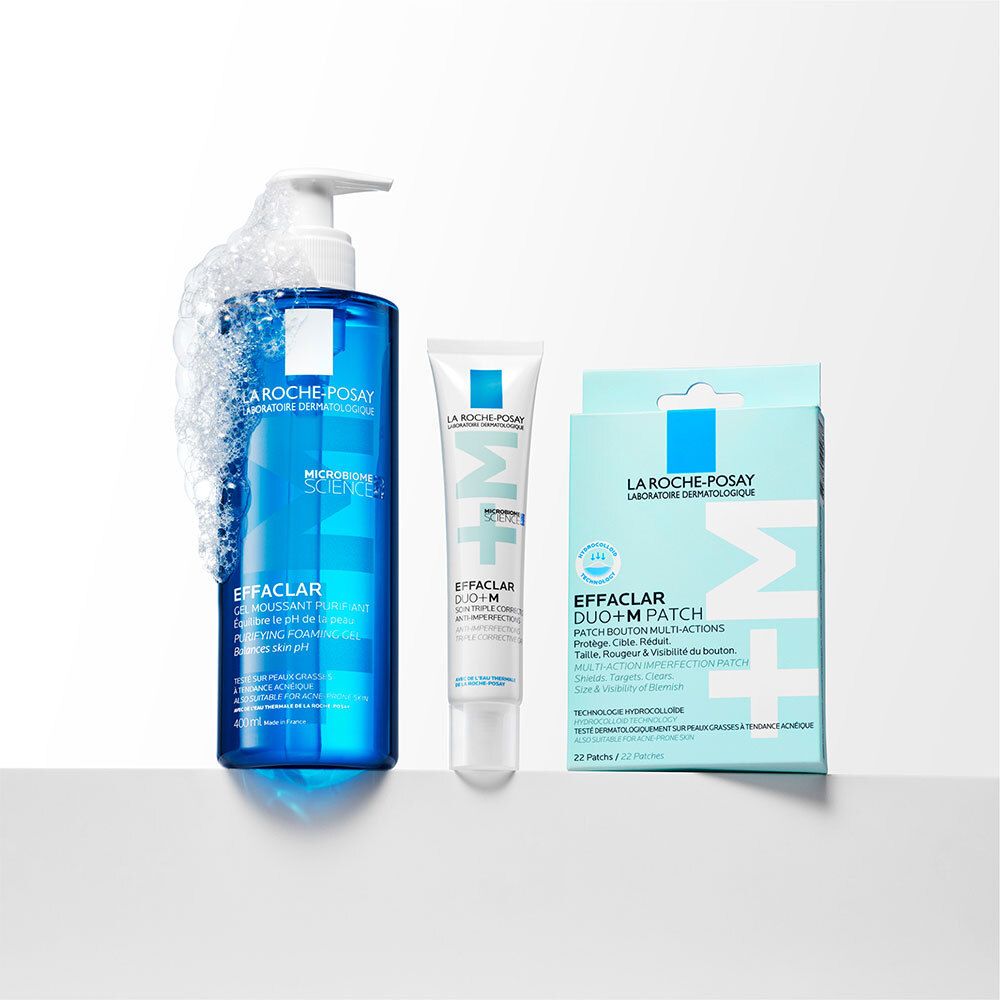 Trois produits: Mousse nettoyante Effaclar, crème Effaclar Duo+ M, patchs Effaclar Duo+ M. Testé dermatologiquement.