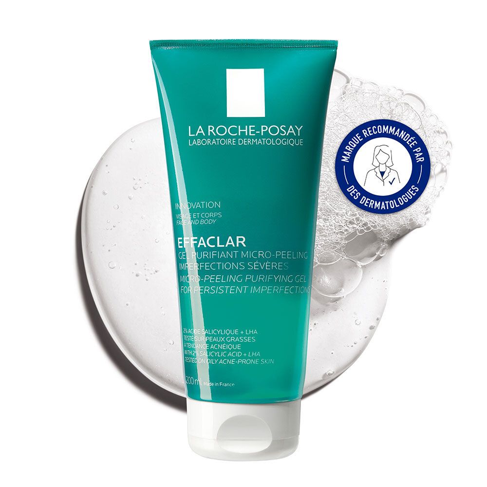 Gel nettoyant vert La Roche-Posay. Inscription: Effaclar Gel Purifiant Micro-Peeling. Recommandé par les dermatologues.