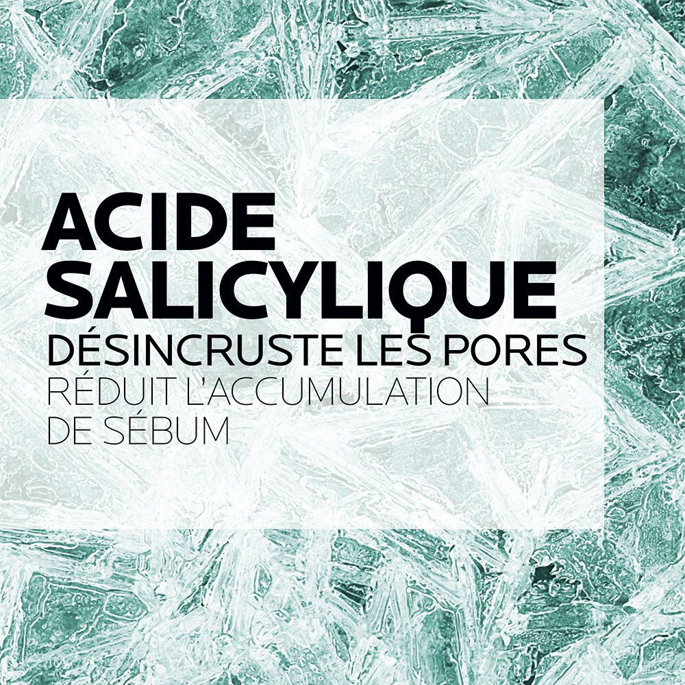 Texte sur fond glacé: Acide Salicylique, désincruster les pores, réduire l'accumulation de sébum.