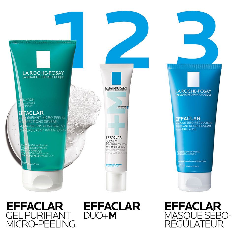 Trois produits: Effaclar Gel, Effaclar Duo+M, Effaclar Masque. Tous de La Roche-Posay.