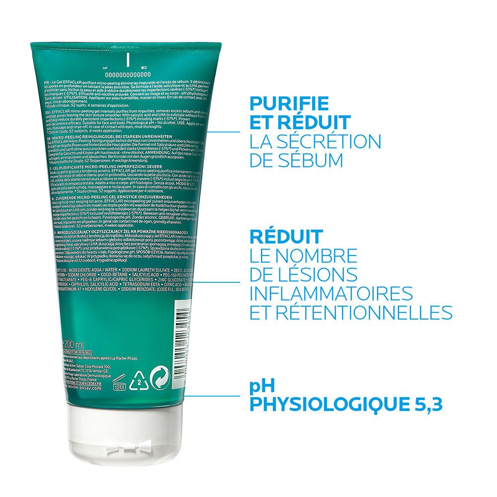 Dos du gel vert. Texte: Purifie et réduit la sécrétion de sébum, réduit les inflammations. pH 5,3.