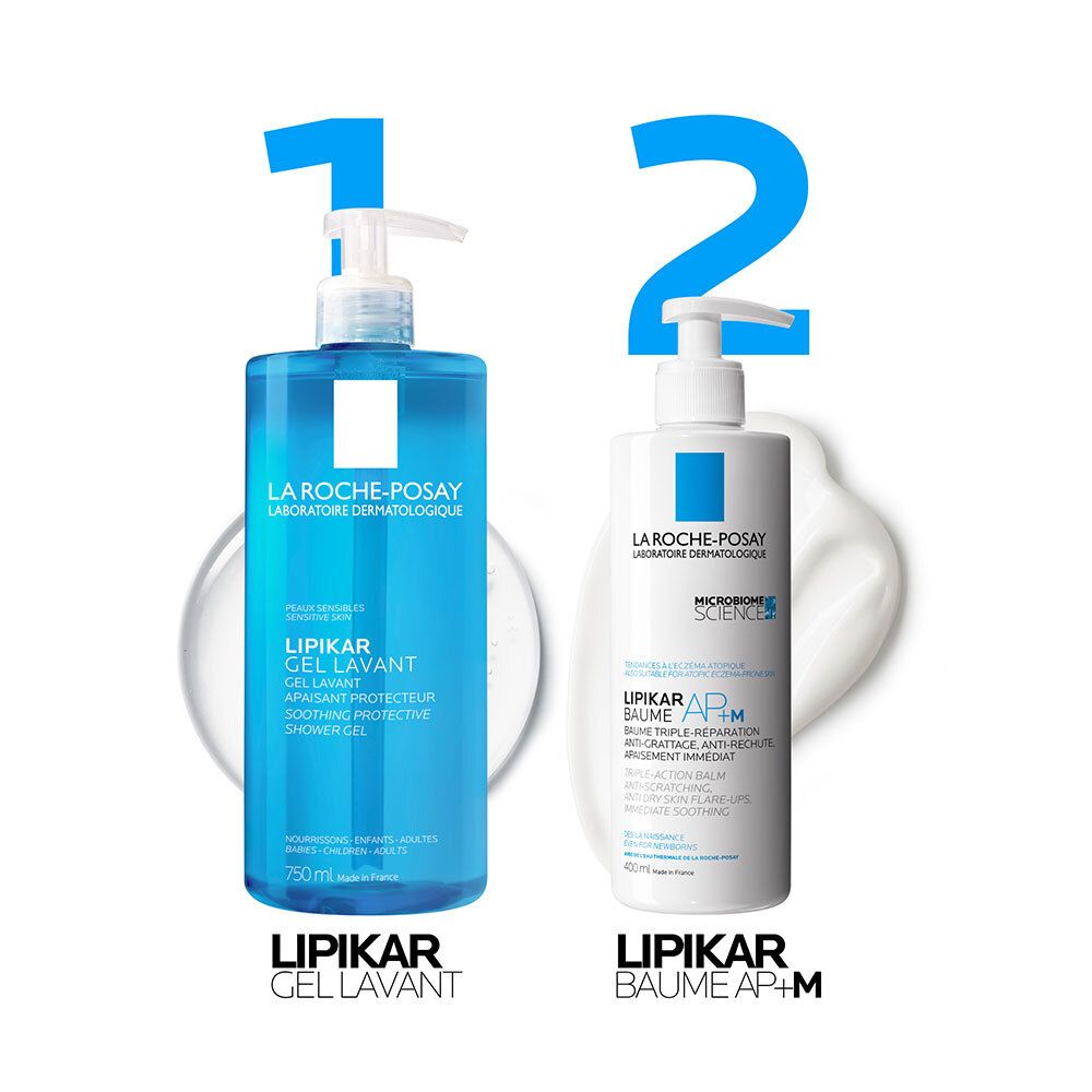 Deux produits LA ROCHE-POSAY : Lipikar Gel Lavant et Baume AP+M. Les deux avec pompe.