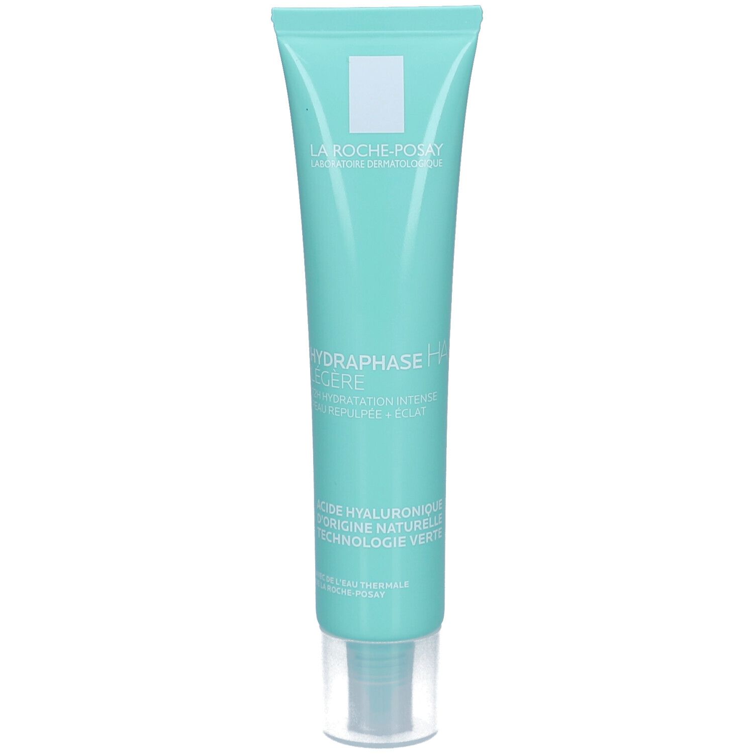 Tube turquoise avec bouchon blanc. Inscription : HYDRAPHASE HA LÉGÈRE.