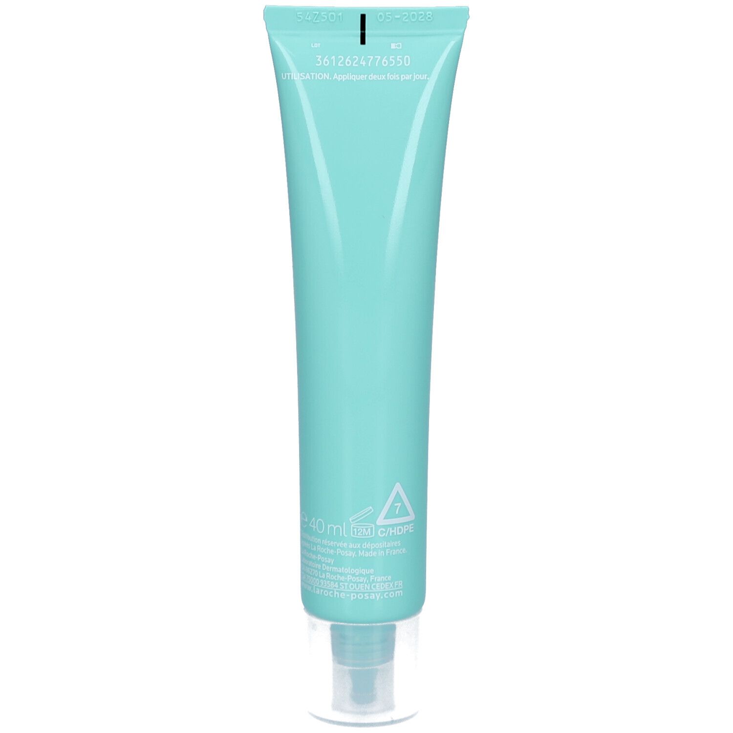 Dos du tube turquoise. Texte : « 40 ml » et autres informations.
