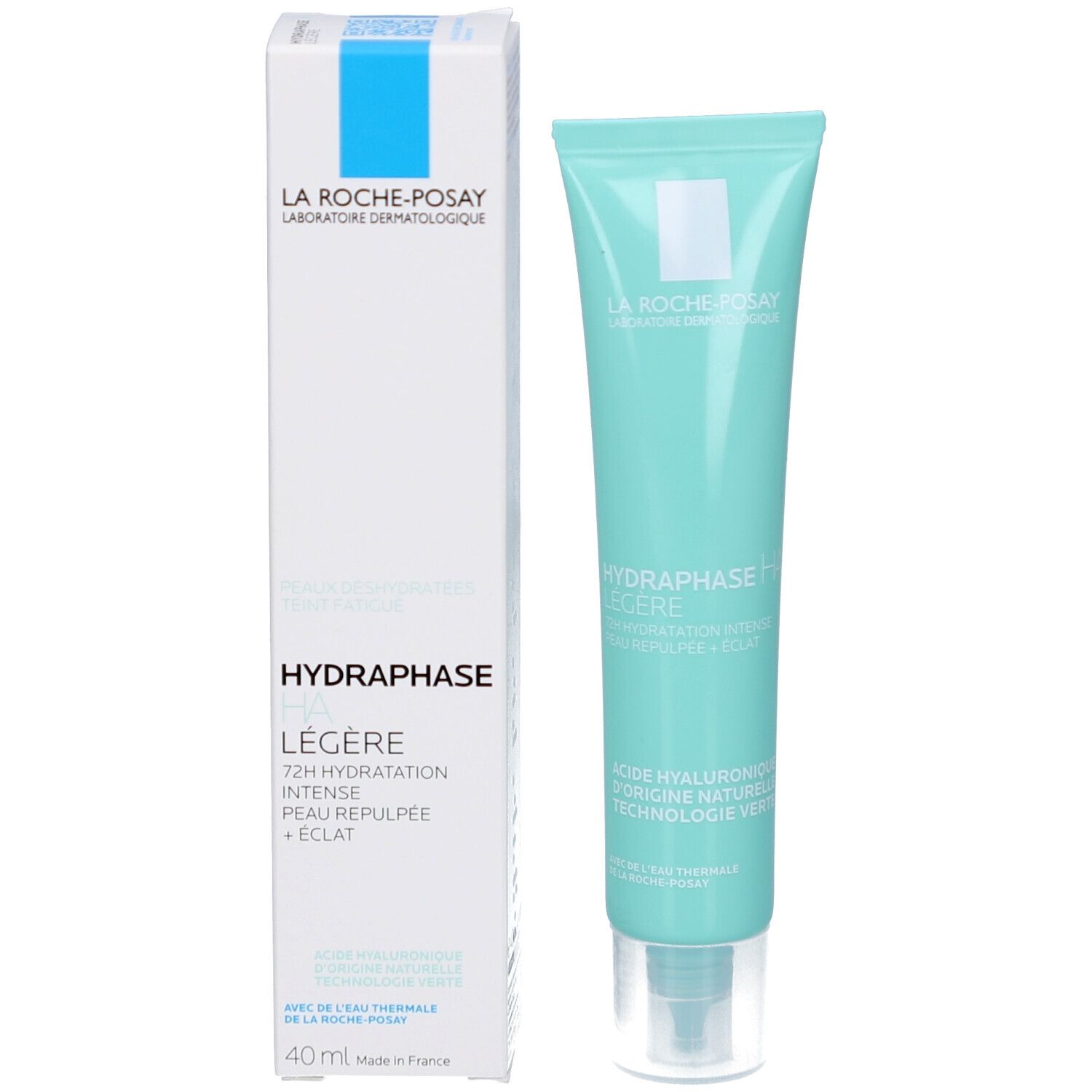 Tube et emballage. Inscription : HYDRAPHASE LÉGÈRE. Texte : « 72H Hydratation intense » et « 40 ml ».