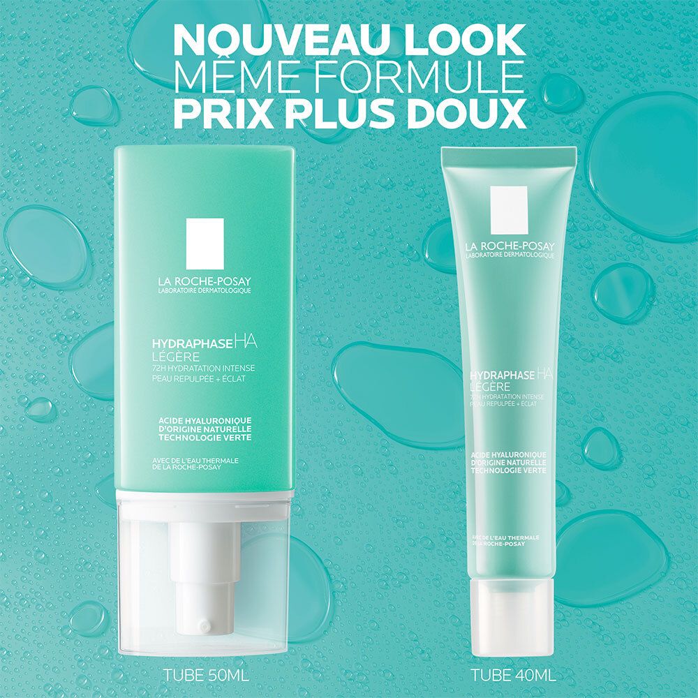 Deux tubes, 50ml et 40ml, avec HYDRAPHASE HA LÉGÈRE. Texte : « Nouveau look, même formule, prix plus doux ».