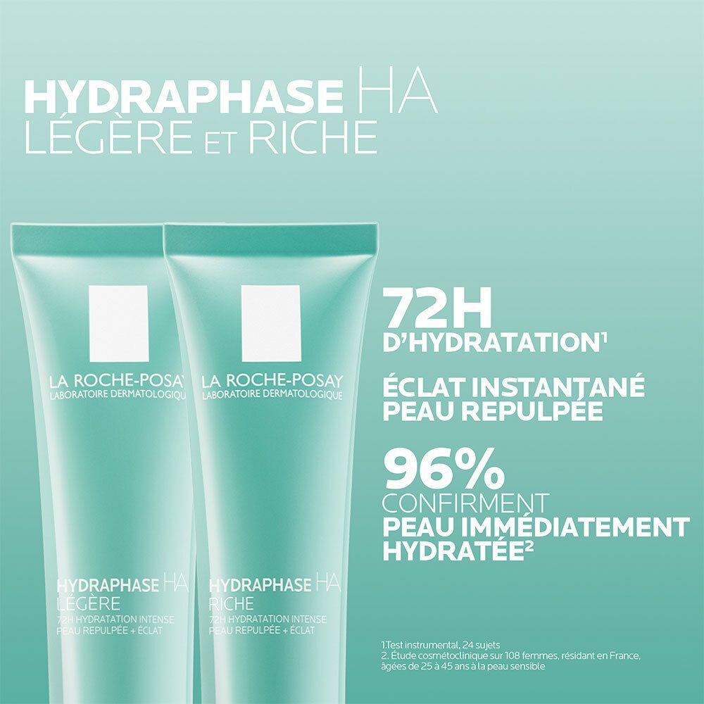 Deux tubes HYDRAPHASE HA LÉGÈRE. Texte : « 72H d'hydratation », « Éclat instantané », « 96% confirment peau immédiatement hydratée ».