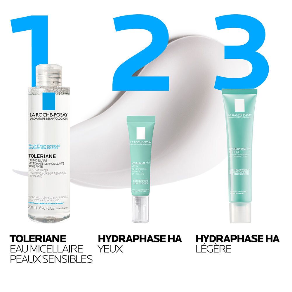 Trois produits : Toleriane, HYDRAPHASE HA Yeux et HYDRAPHASE HA Légère. Texte : « Eau micellaire », « Peaux sensibles ».