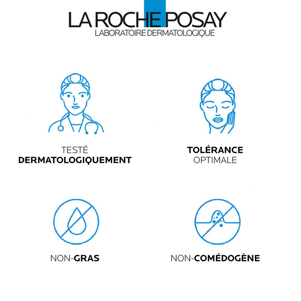 Symboles : « Testé dermatologiquement », « Tolérance optimale », « Non-gras », « Non-comédogène ». Logo LA ROCHE-POSAY.