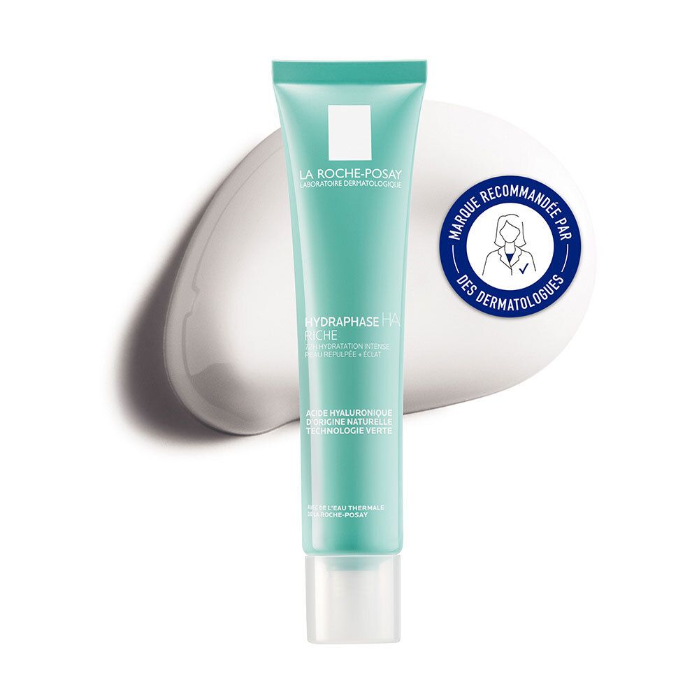 Tube turquoise avec bouchon blanc. Inscription: Hydraphase HA Riche. Avec sceau dermatologues.