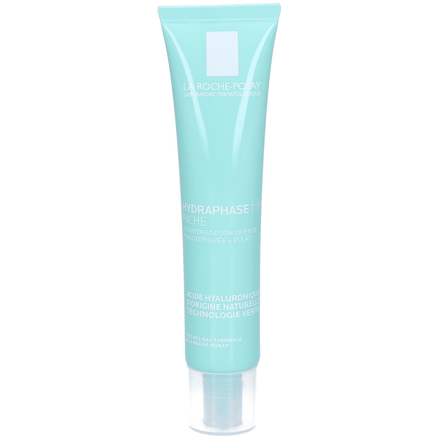 Tube turquoise avec bouchon blanc. Inscription: Hydraphase HA Riche.