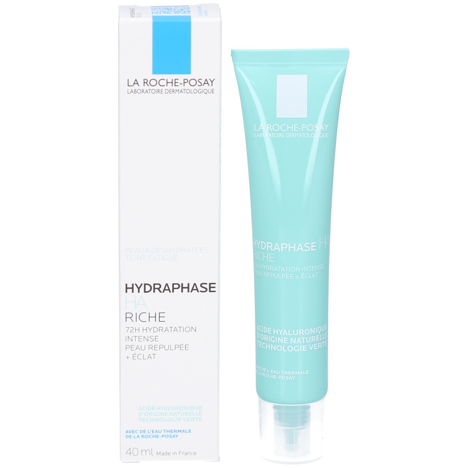 Tube et emballage. Inscription: Hydraphase HA Riche. Texte: 72H Hydratation intense.