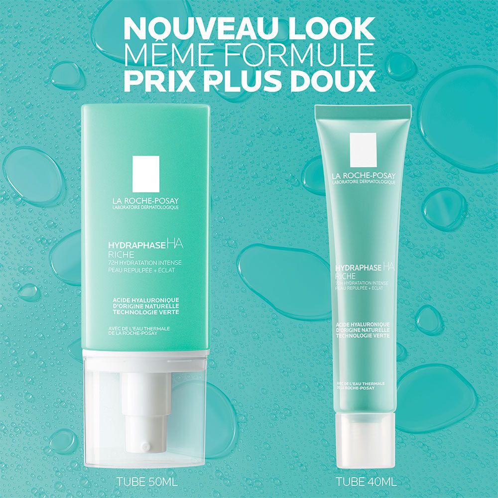 Deux tubes, un avec pompe, un sans. Inscription: Hydraphase HA Riche. Texte: Nouveau look, même formule.