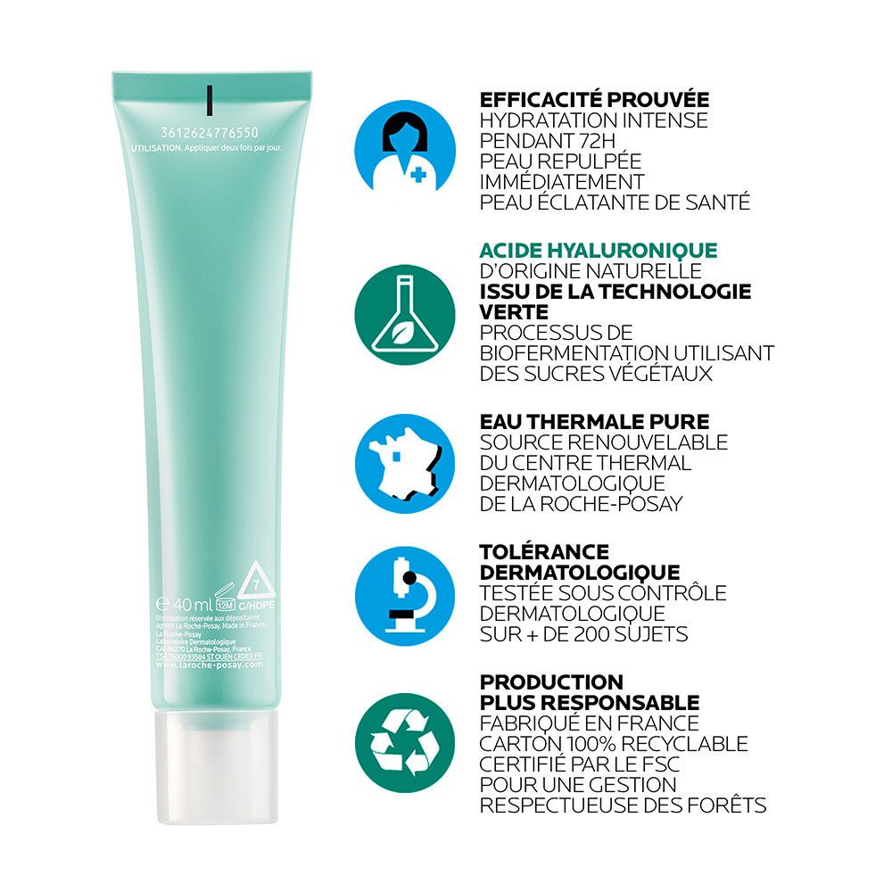 Tube turquoise. Texte: Hydraphase HA Riche. Symboles: Efficacité, acide hyaluronique, eau thermale, etc.