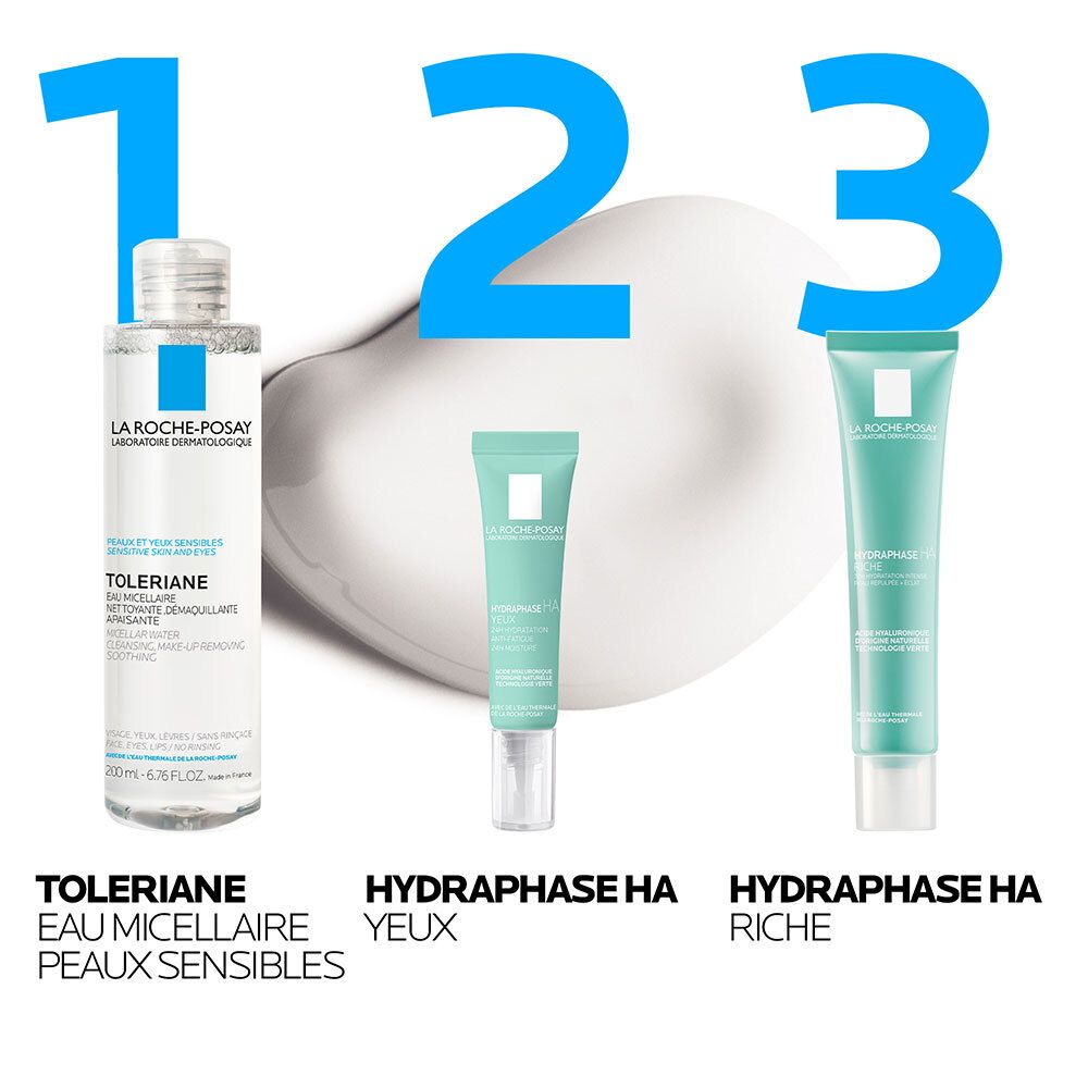 Trois produits: Toleriane, Hydraphase HA Yeux, Hydraphase HA Riche. Texte: Eau micellaire, yeux, riche.