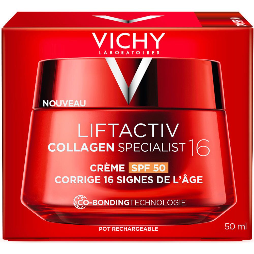 Boîte rouge VICHY Liftactiv Collagen Specialist 16 Crème SPF 50. Texte et image du produit.