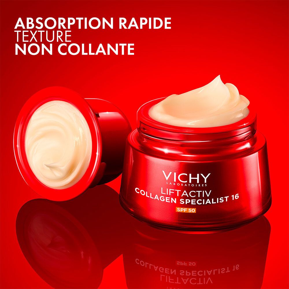 Pot rouge avec crème. Texte : Absorption rapide, texture non collante. VICHY Liftactiv.