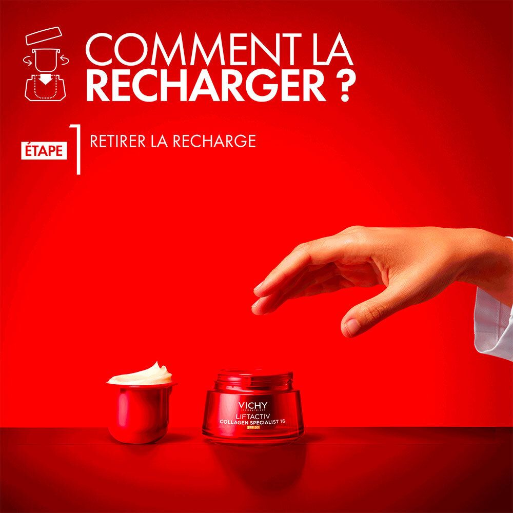 Main plaçant la recharge dans le pot. Texte : Comment la recharger? VICHY Liftactiv.