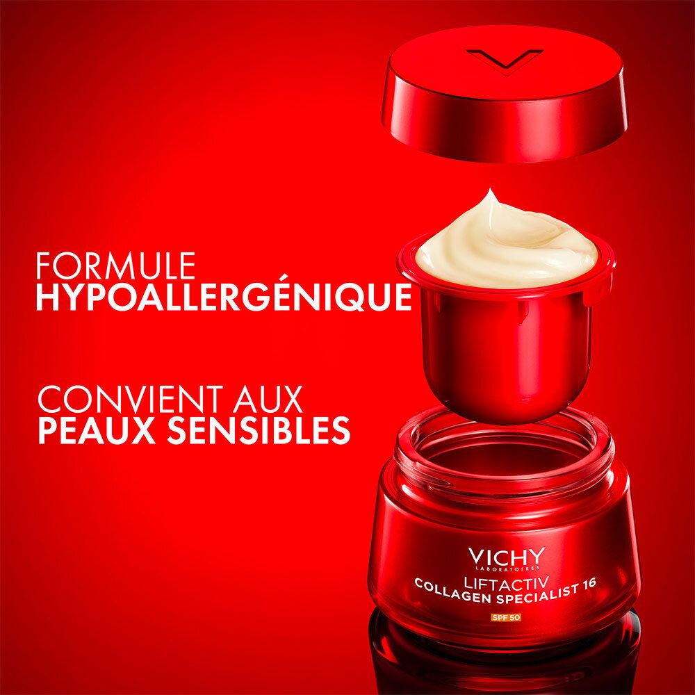 Pot rouge avec crème et recharge. Texte : Formule hypoallergénique. VICHY Liftactiv.