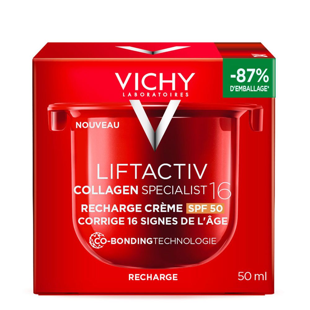 Emballage rouge avec nom et détails du produit. Texte : LIFTACTIV COLLAGEN SPECIALIST 16, SPF 50, 50 ml.