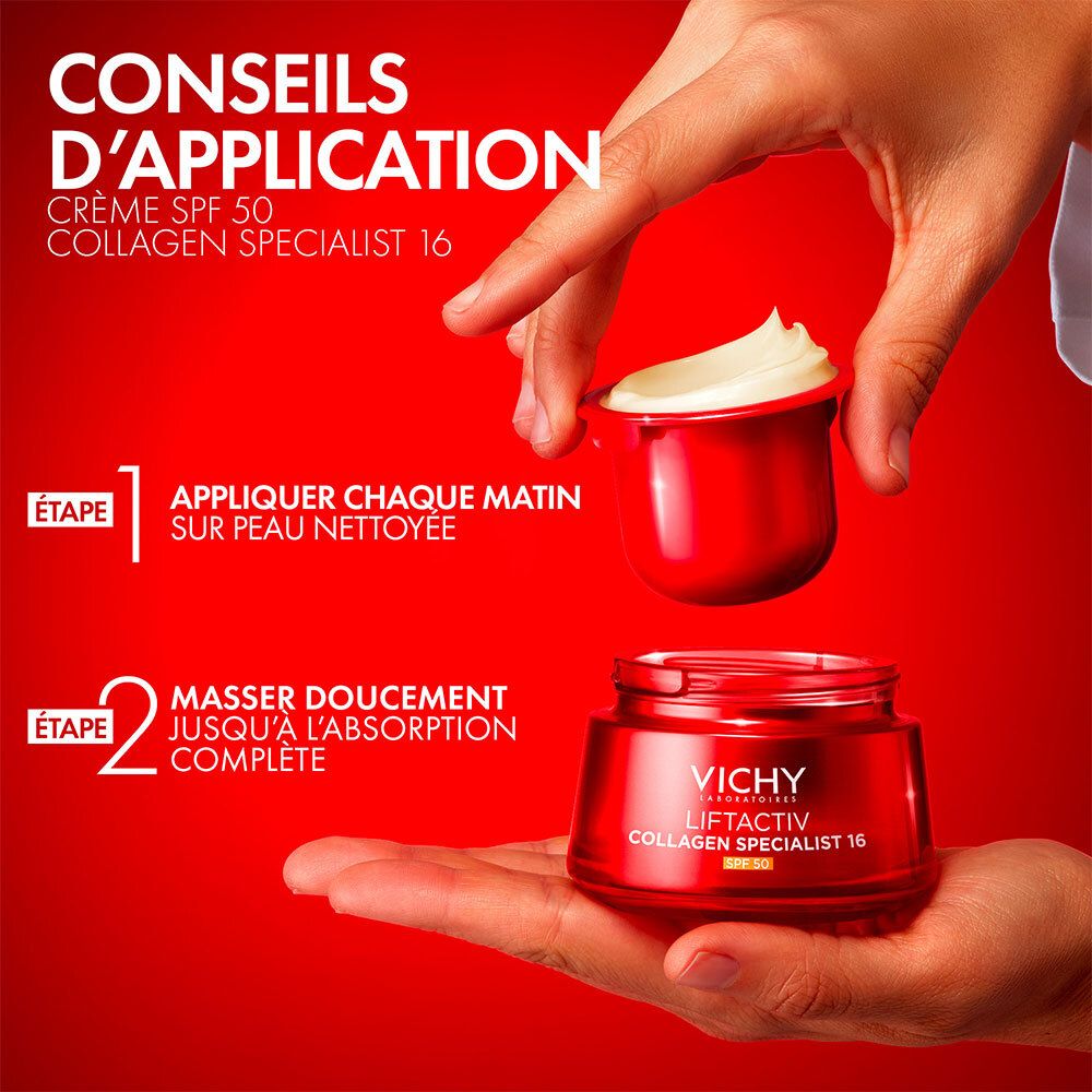 Mains tenant pot et crème. Texte : Conseils d'application : Appliquer le matin sur peau nettoyée, masser doucement.