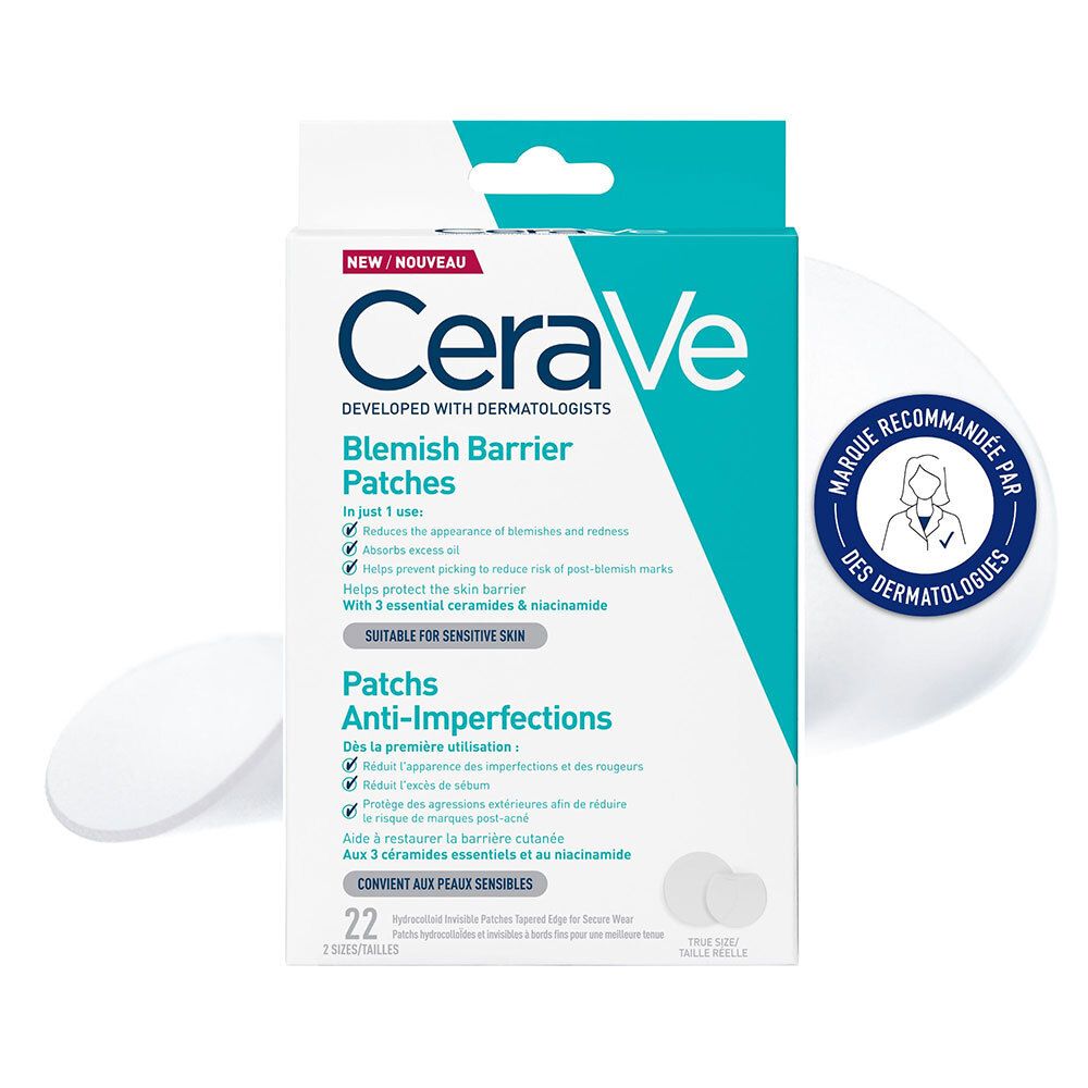 Boîte de patchs anti-imperfections CERAVE. Contient 22 patchs. Développé avec des dermatologues.