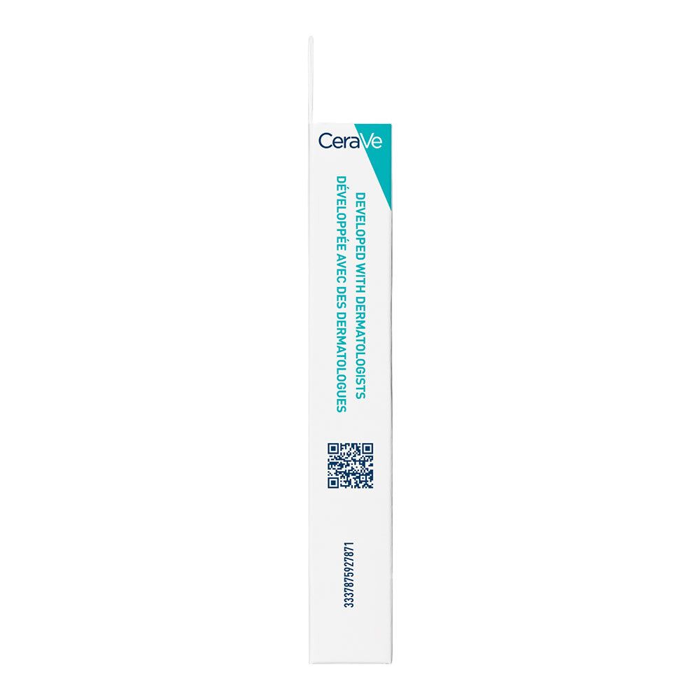 Emballage blanc étroit avec logo CERAVE et texte. Code QR et informations produit.