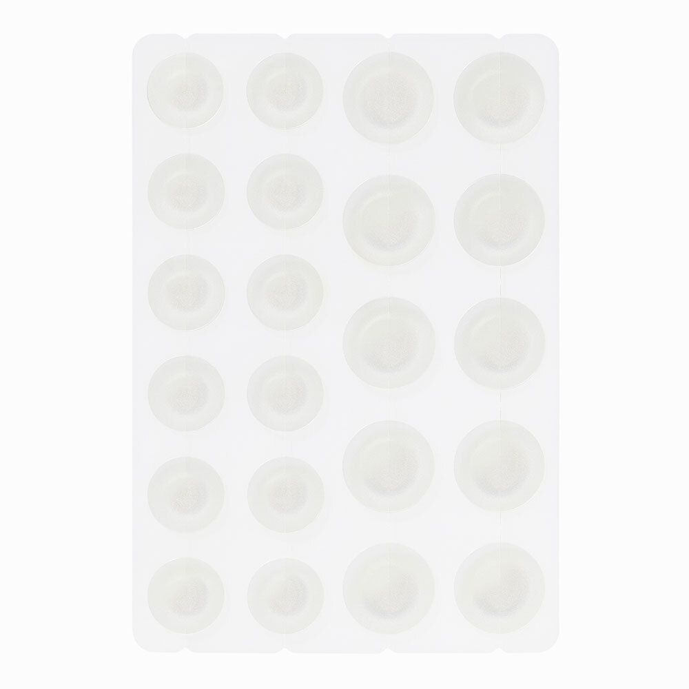 Plaque plastique transparente avec patchs ronds et transparents de différentes tailles.