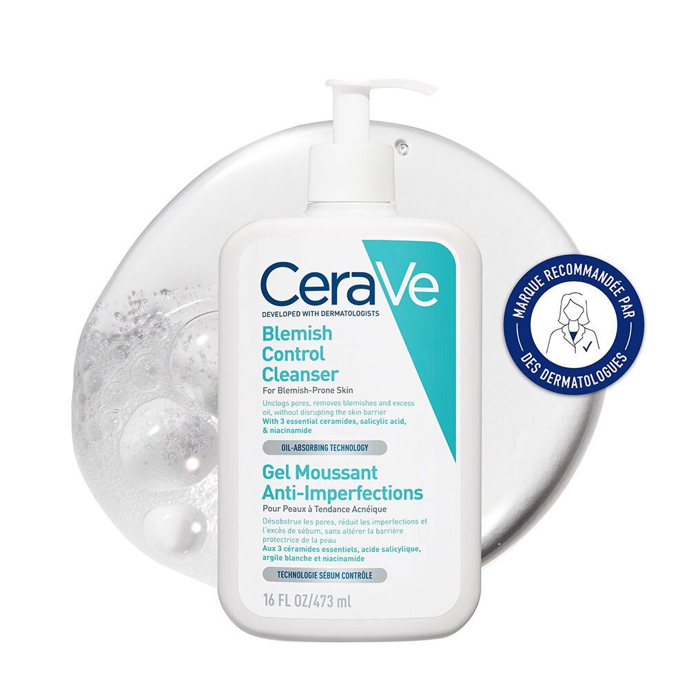 Flacon blanc avec pompe. Inscription : CeraVe Blemish Control Cleanser. Recommandé par les dermatologues.