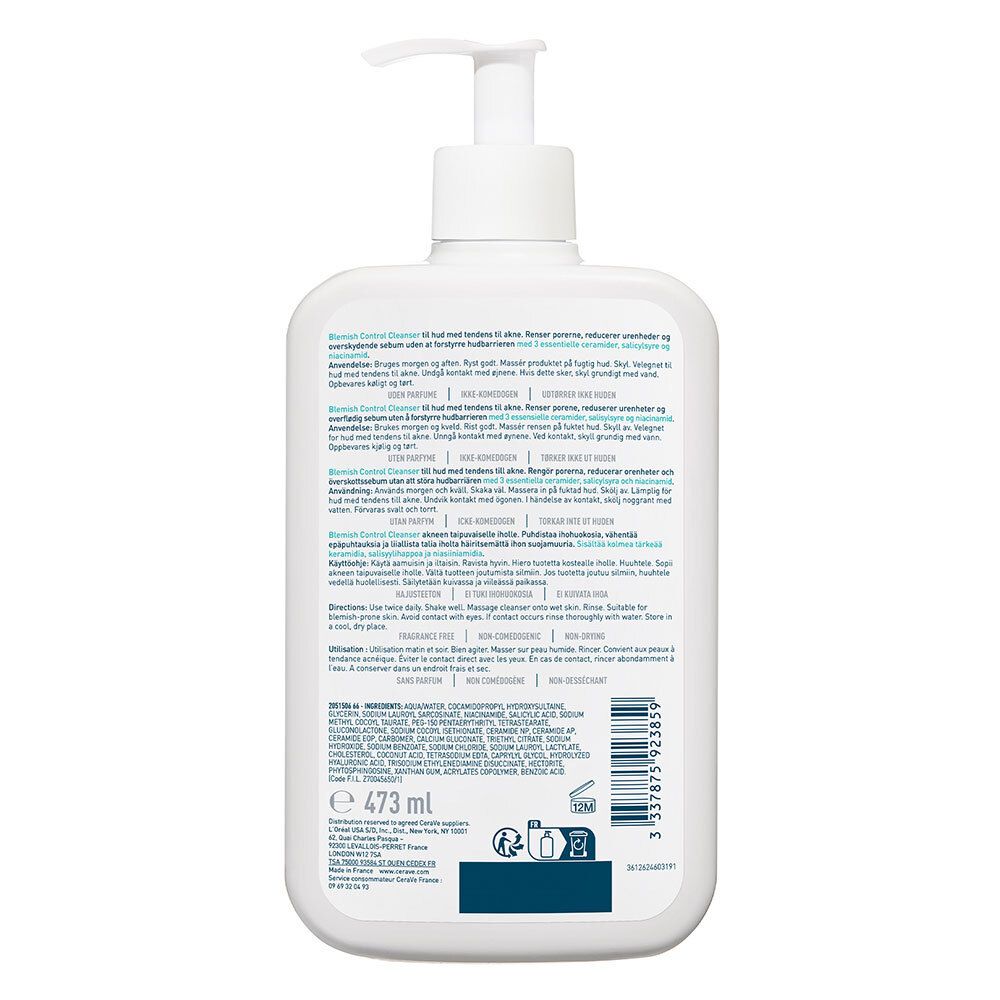 Dos d'un flacon blanc avec pompe. Texte multilingue. Ingrédients et volume : 473 ml.