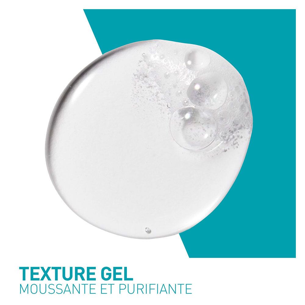 Texture gel transparente avec bulles. Texte : Texture Gel, Moussante et Purifiante. Fond turquoise.