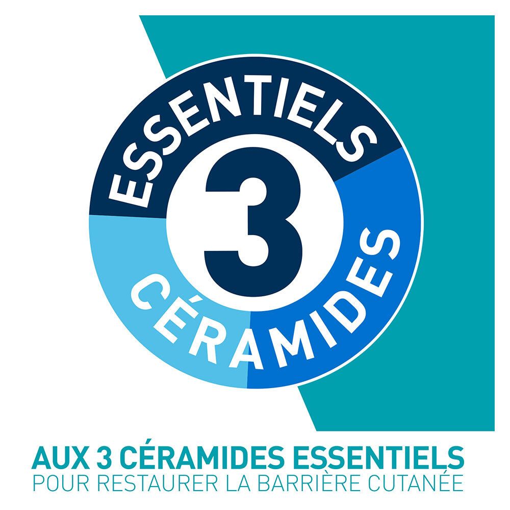 Logo avec texte : Essentiels 3 Céramides. Aux 3 Céramides essentiels pour restaurer la barrière cutanée.