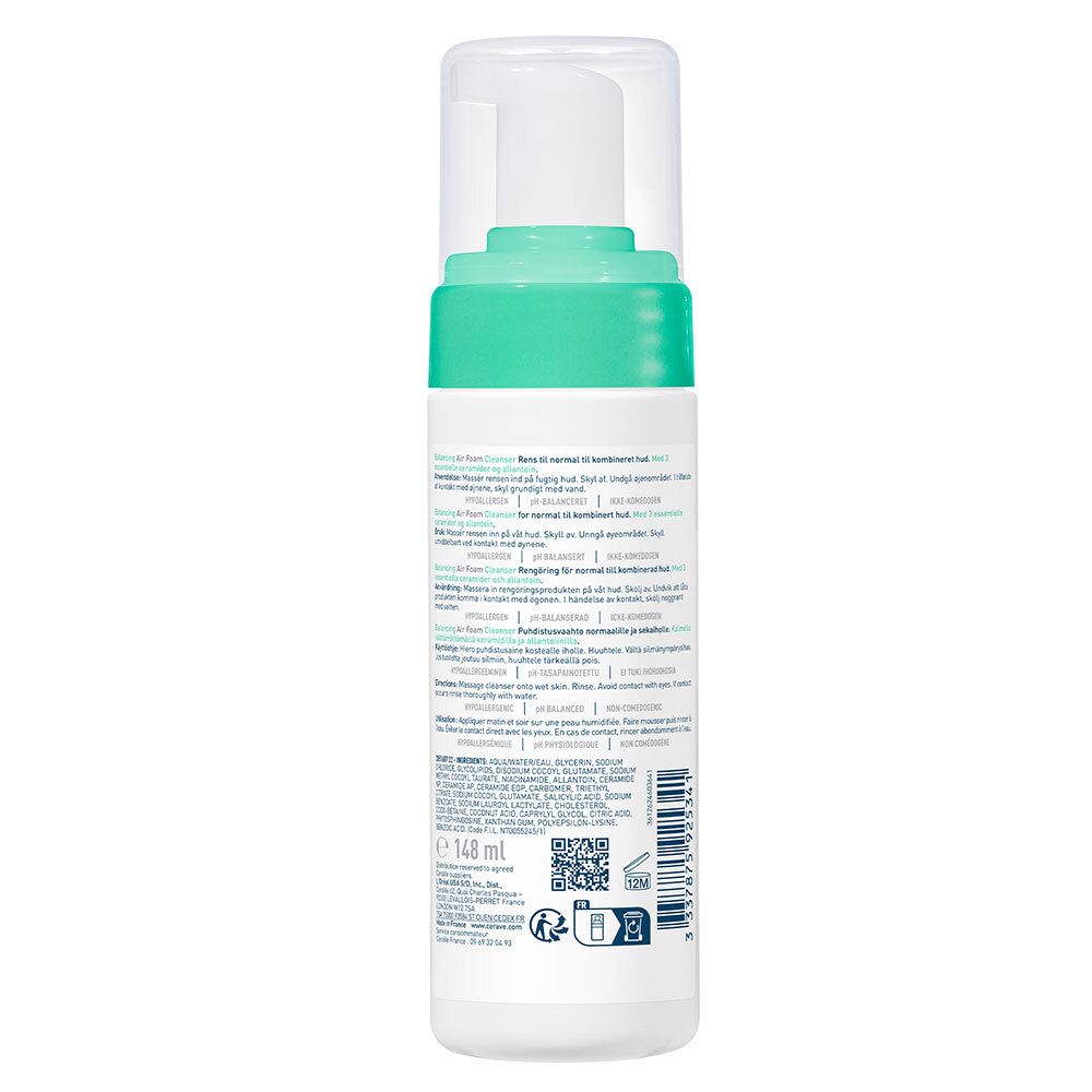 Dos du flacon CeraVe Balancing Air Foam Cleanser. Texte multilingue.