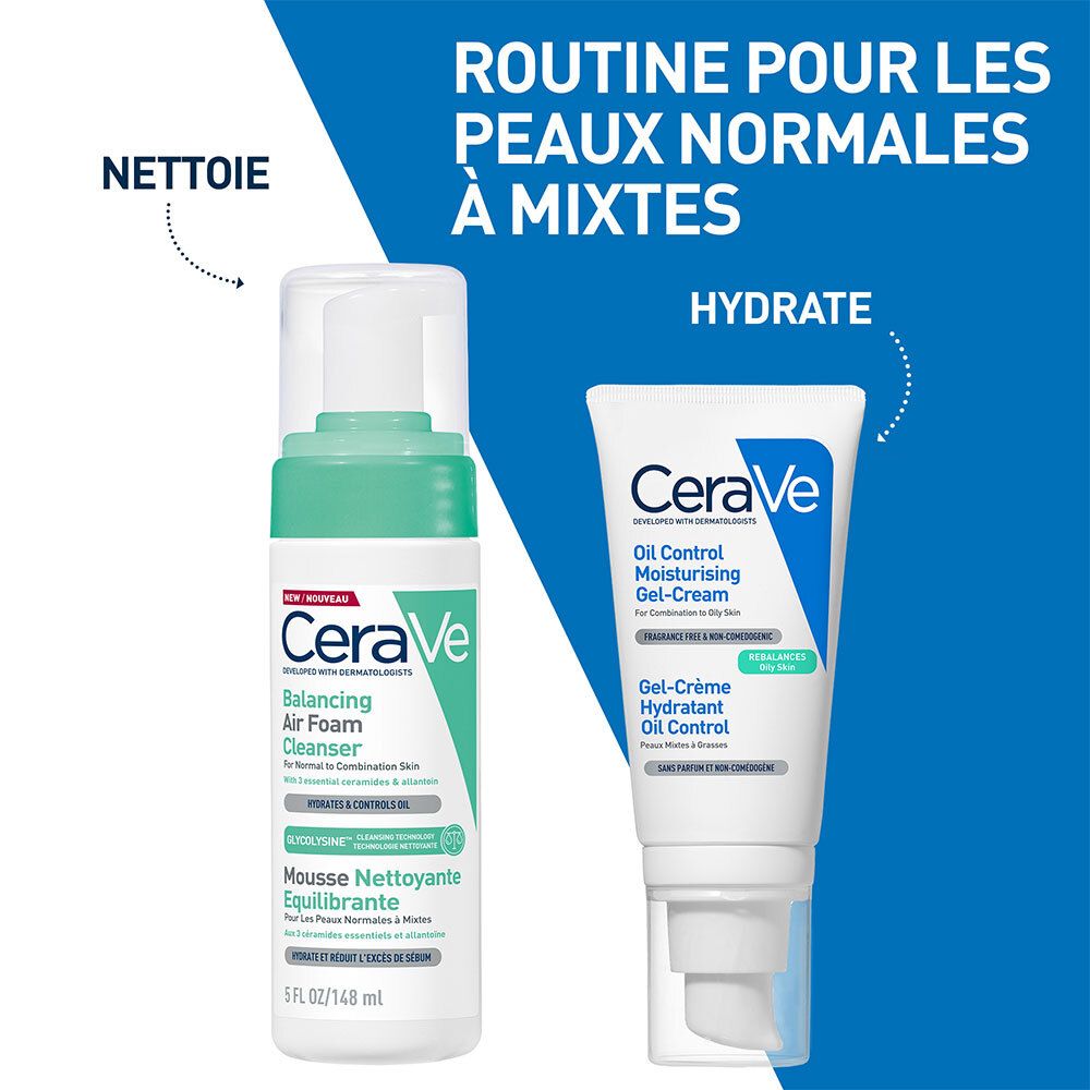 CeraVe Balancing Air Foam Cleanser et gel-crème. Texte: Nettoyer et hydrater.