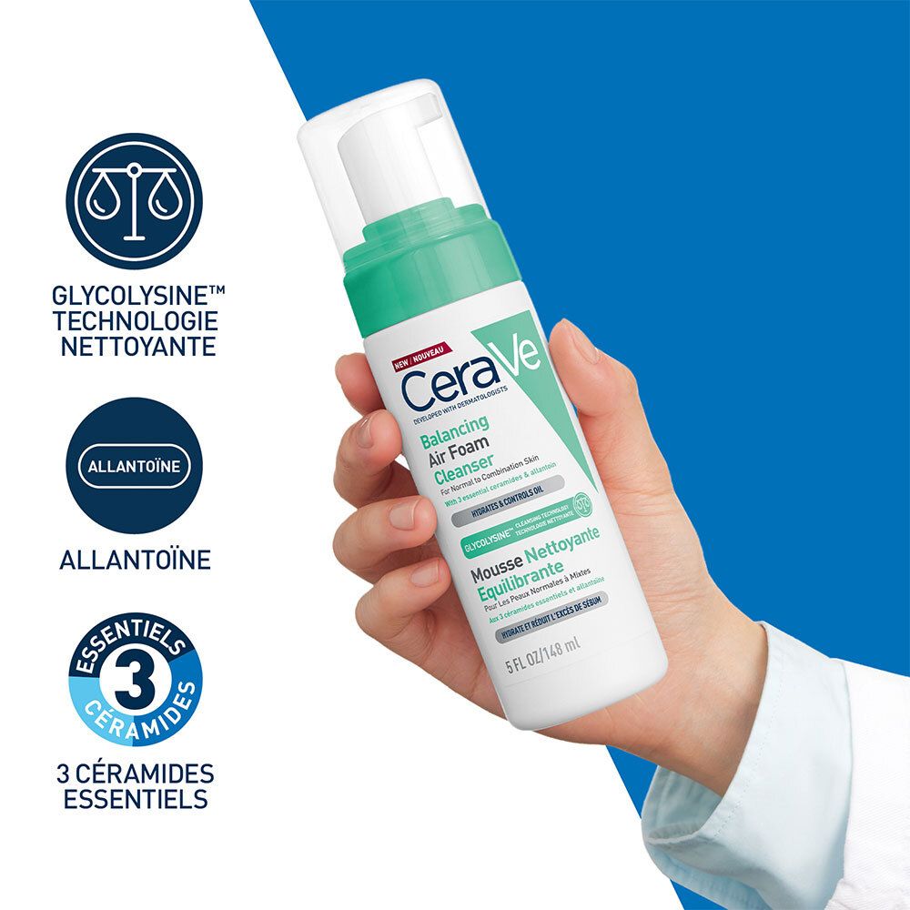 CeraVe Balancing Air Foam Cleanser. Flacon blanc, bouchon vert. Graphiques ingrédients.