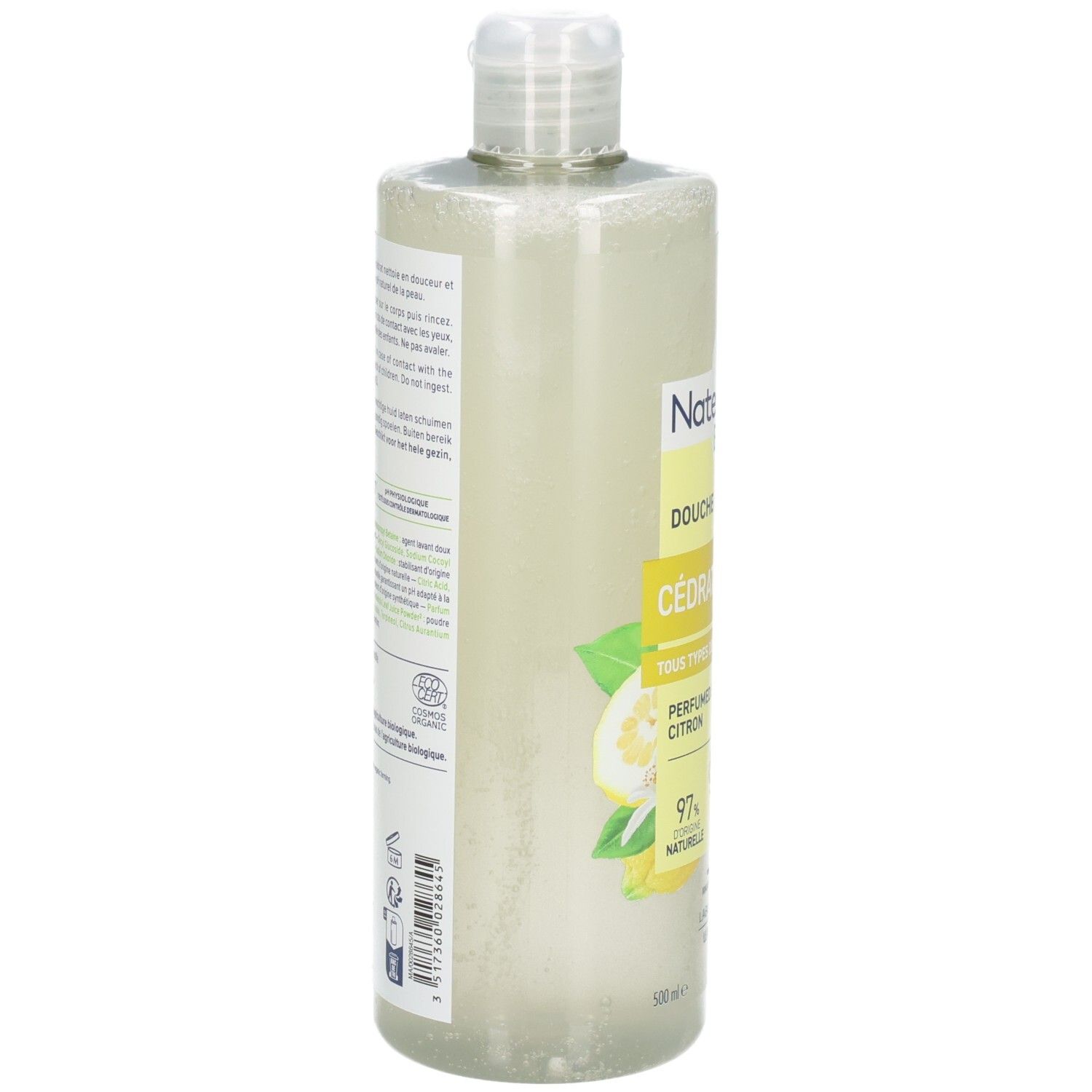 Natessance Bio Douche Gelée au Cédrat, verso avec ingrédients et certifications.