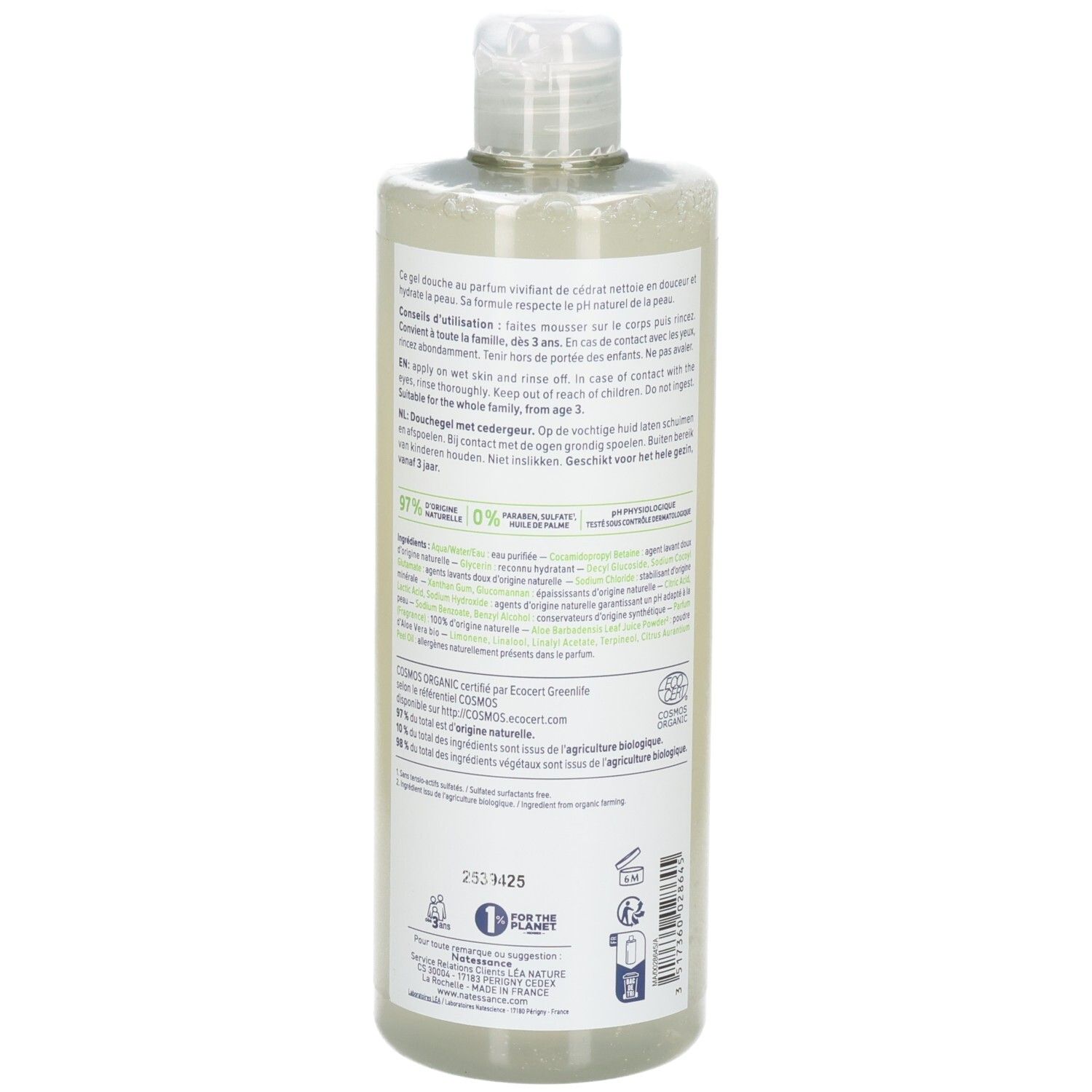 Natessance Bio Douche Gelée au Cédrat, verso avec instructions d'utilisation et certifications.