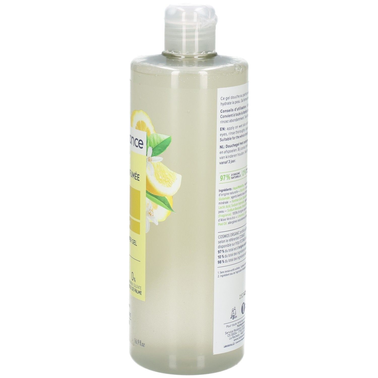 Natessance Bio Douche Gelée au Cédrat, verso avec ingrédients et certifications.