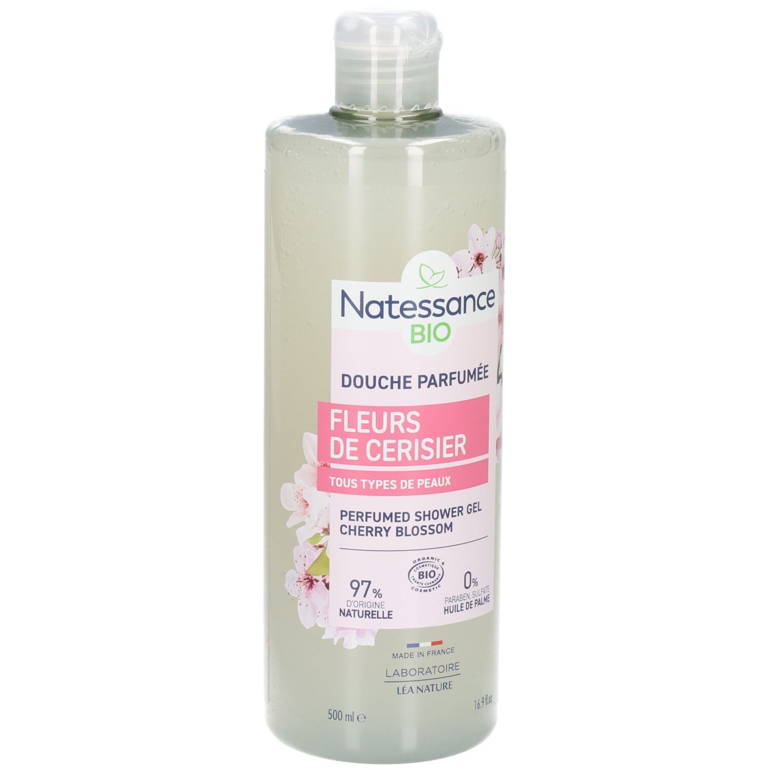 Douche gel Natessance parfumée Fleur de Cerisier, flacon 500ml.
