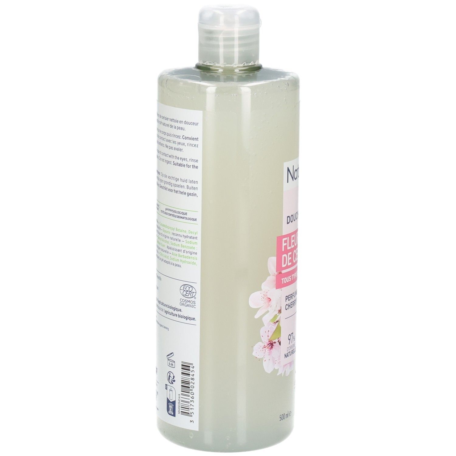 Dos de la bouteille de douche Natessance avec ingrédients et certifications.
