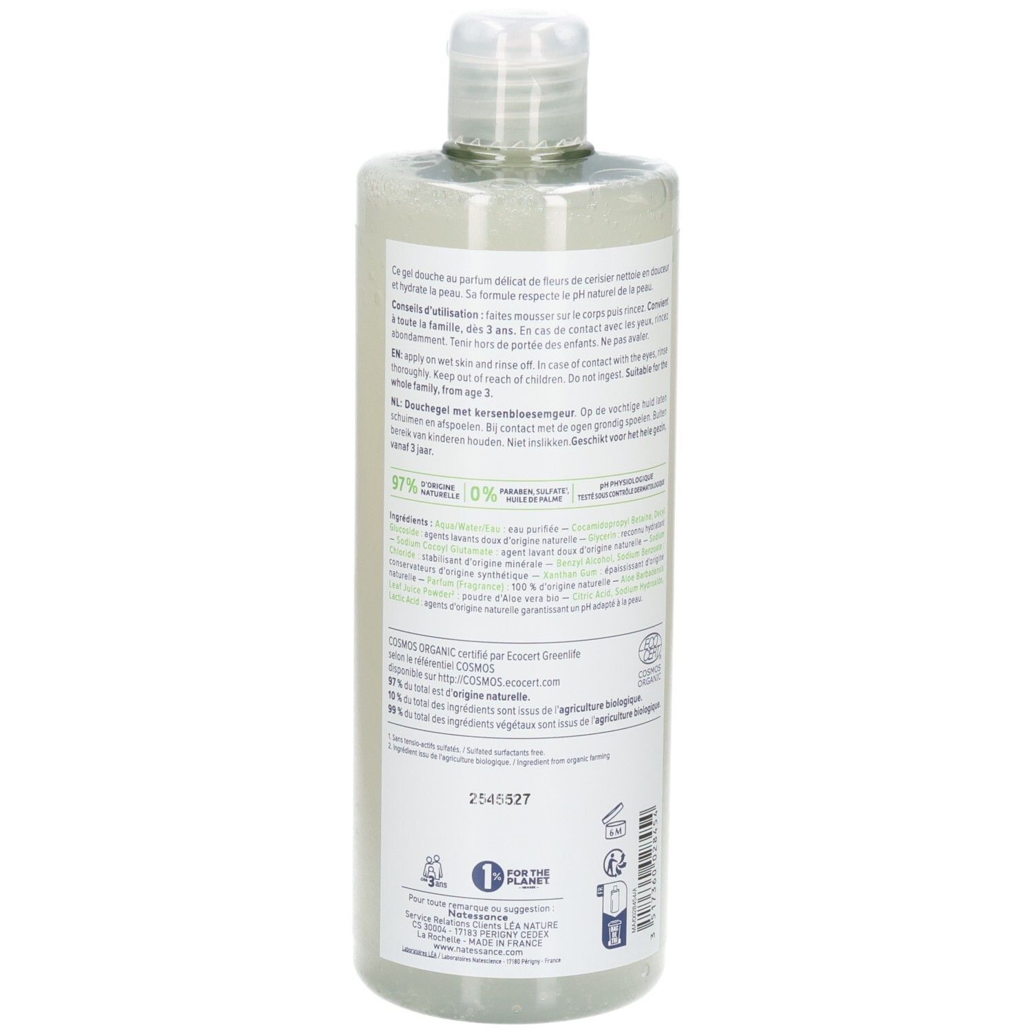 Dos de la bouteille de douche Natessance avec informations détaillées.
