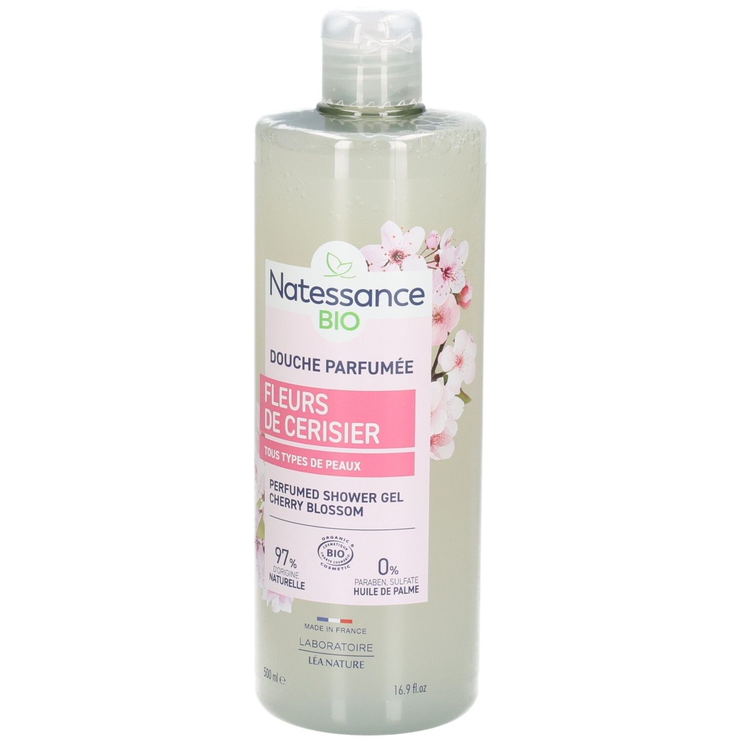 Douche gel Natessance parfumée Fleur de Cerisier, flacon 500ml, vue de face.