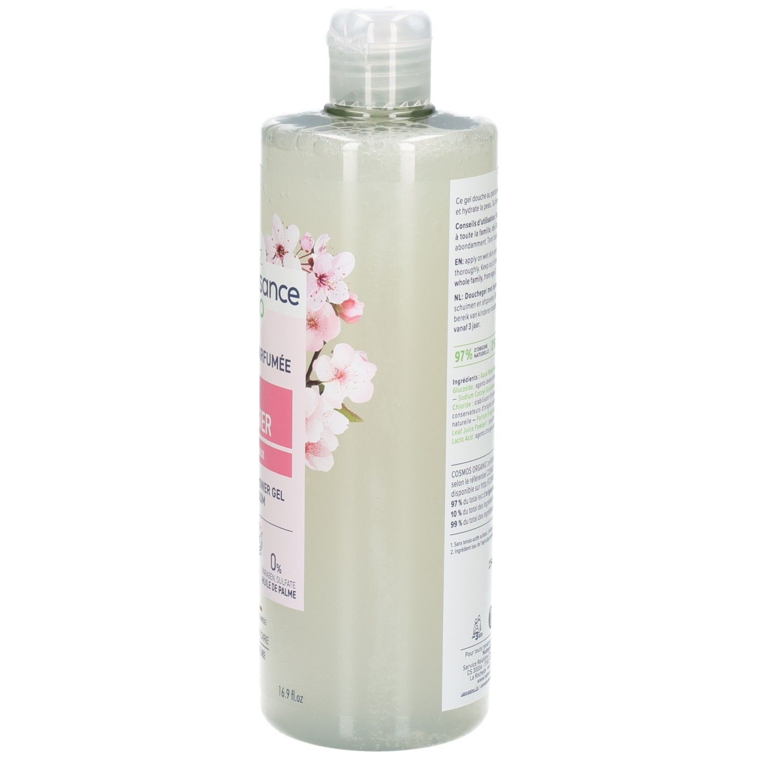 Vue latérale de la bouteille de douche Natessance avec design fleur de cerisier.
