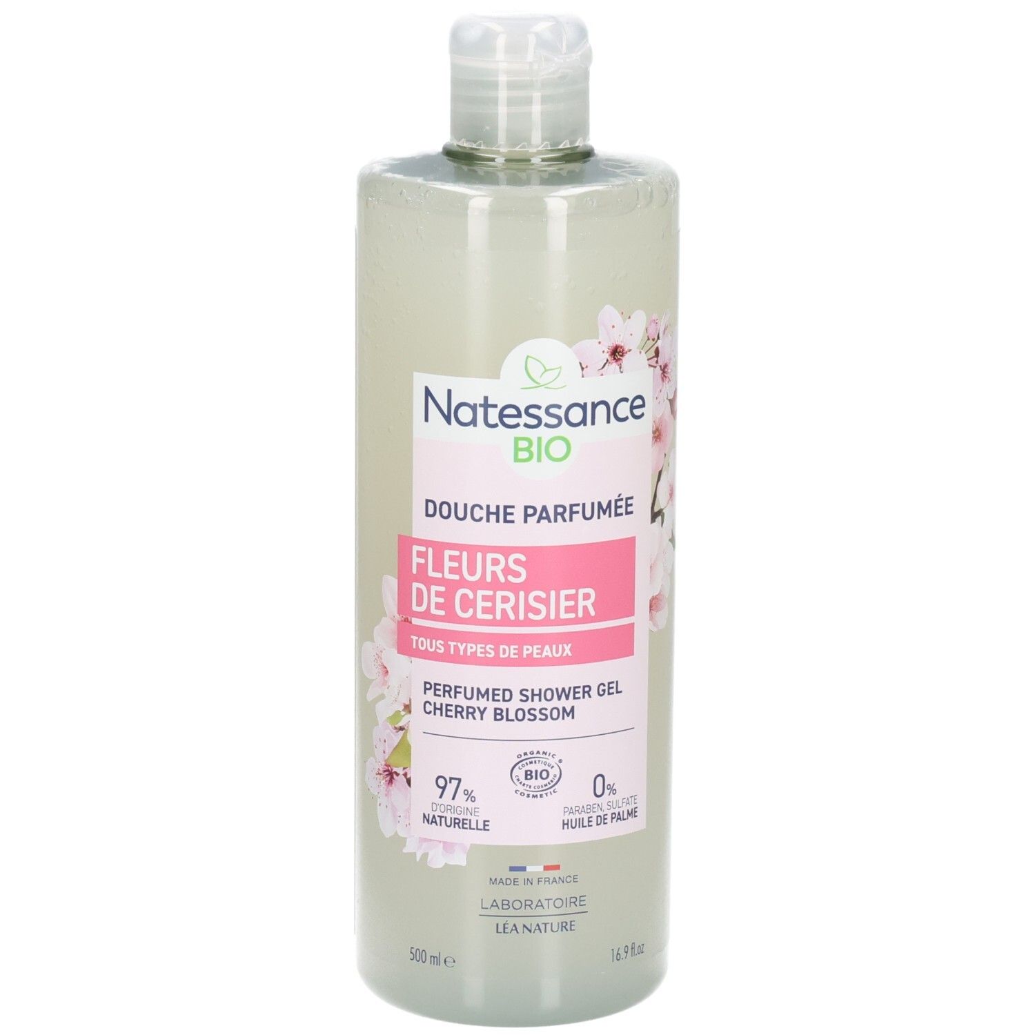Douche gel Natessance Fleur de Cerisier, flacon 500ml, avec label Bio et motif floral.