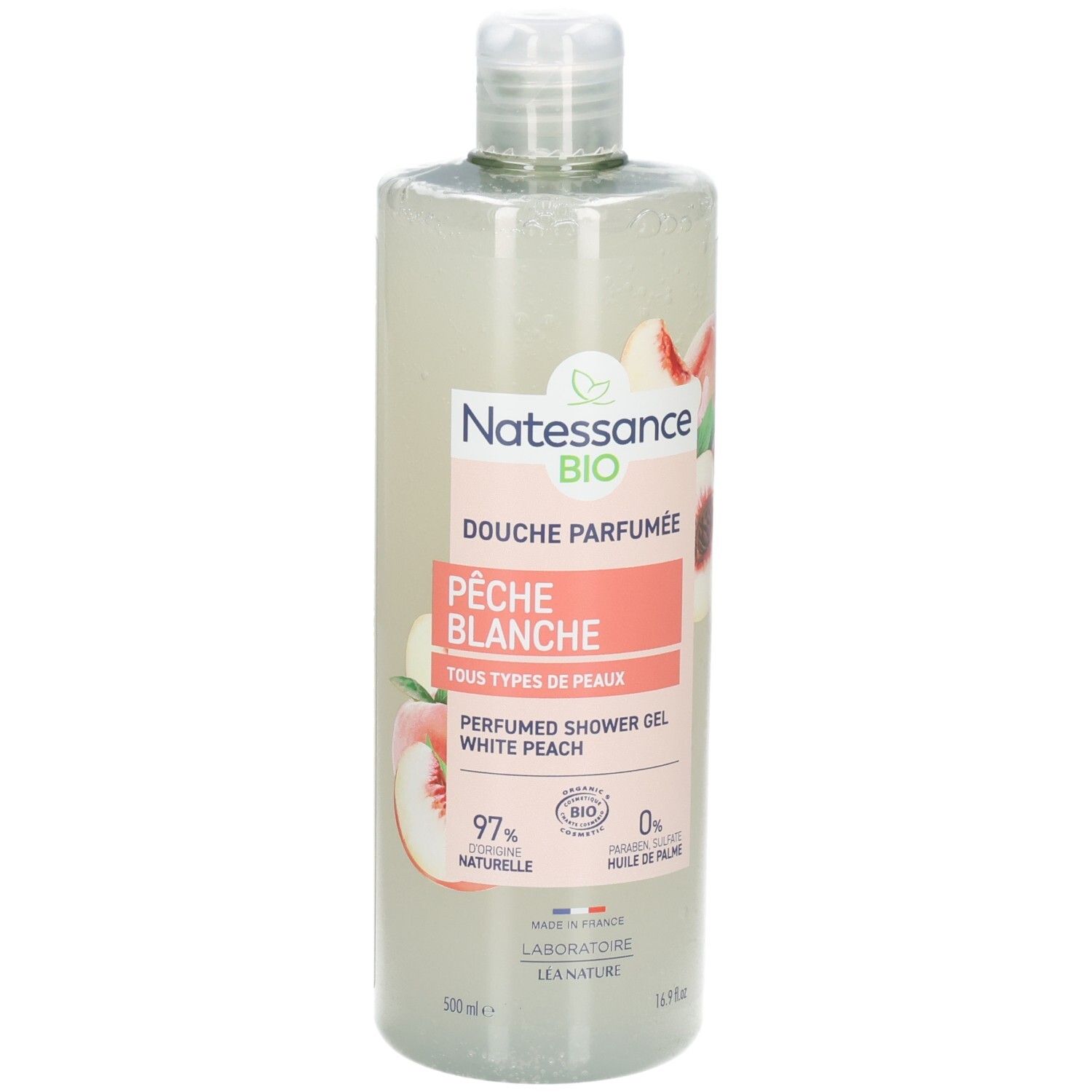 Douche parfumée Natessance Pêche Blanche: Flacon transparent avec motif pêche. 500ml.